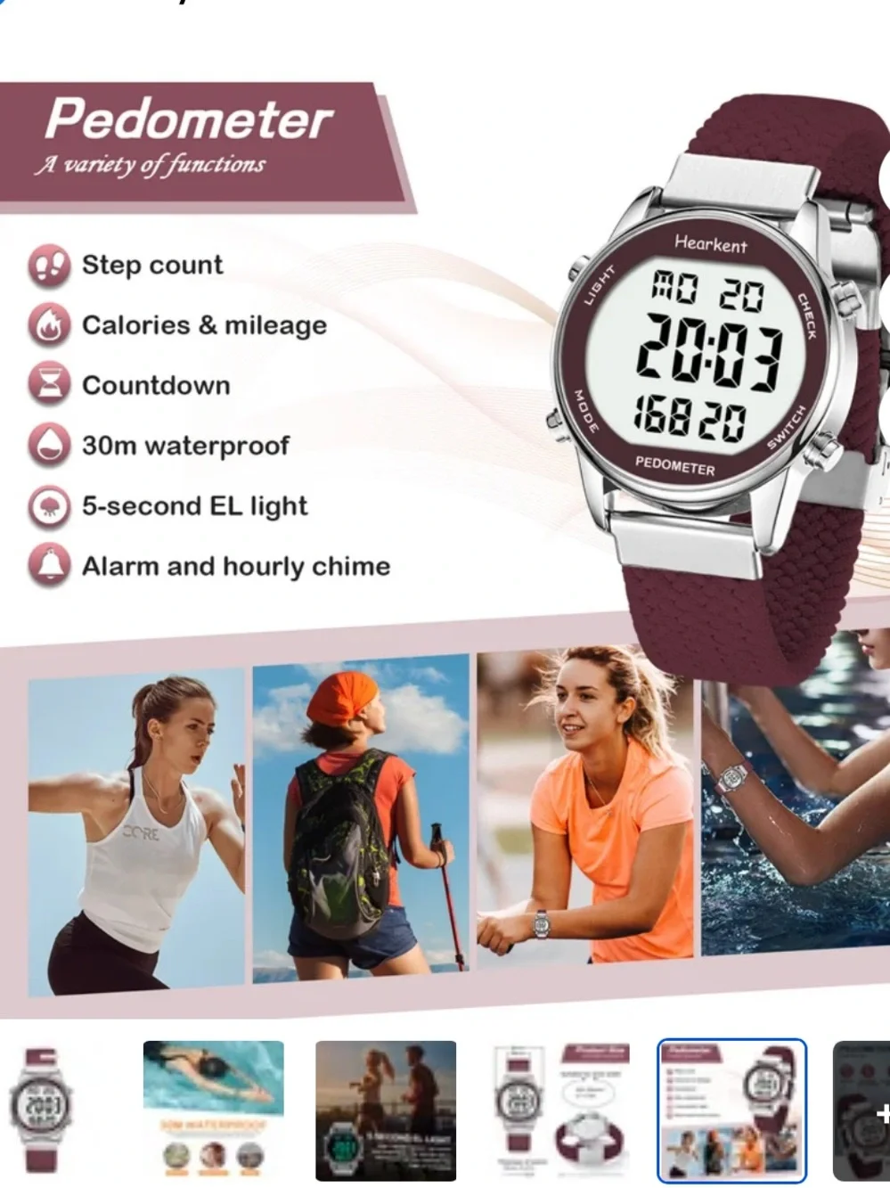 Hearkent Women's 2401P Pedometer Watch in Red featuring a stainless steel case