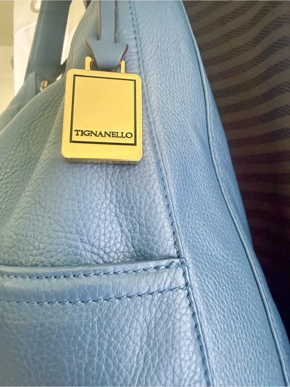 Tignanello Blue Leather Hobo Shoulder Bag Gold Hardware EUC