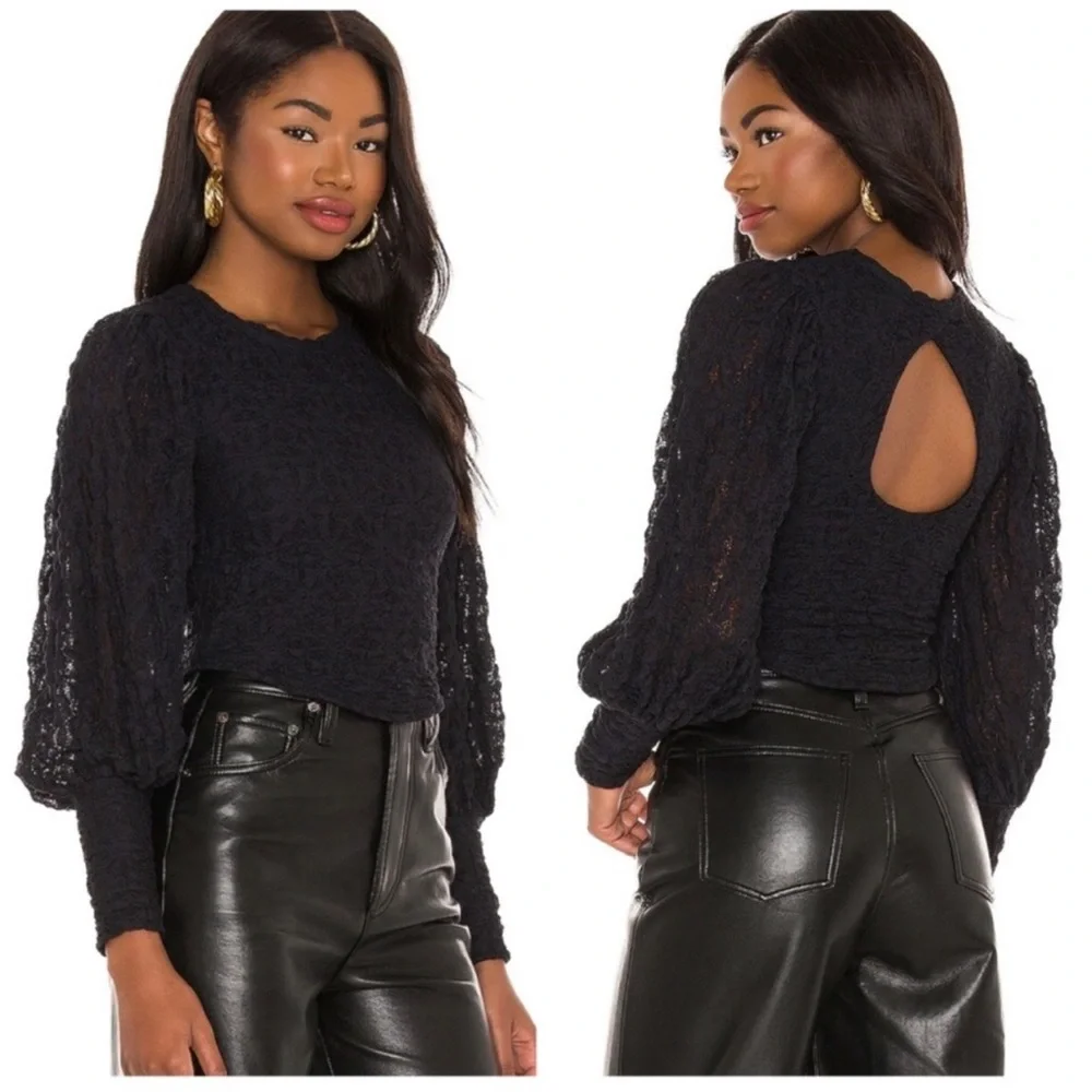 Free People Tea Time Top in Black Size XS Long Sleeve Blouse Lace