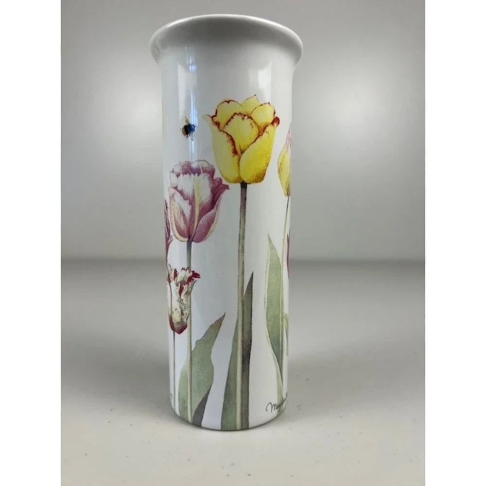 Marjolein Bastin Ceramic Cylinder Vase White Floral Tulips‎ Bee Butterfly 8.25in
