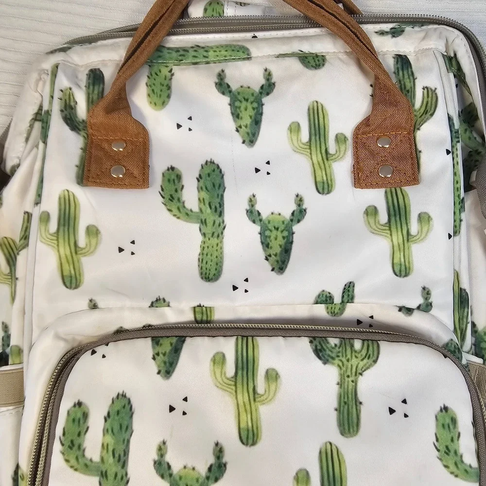 Cactus Print Diaper Bag Backpack White Green Desert Succulent Travel Bag