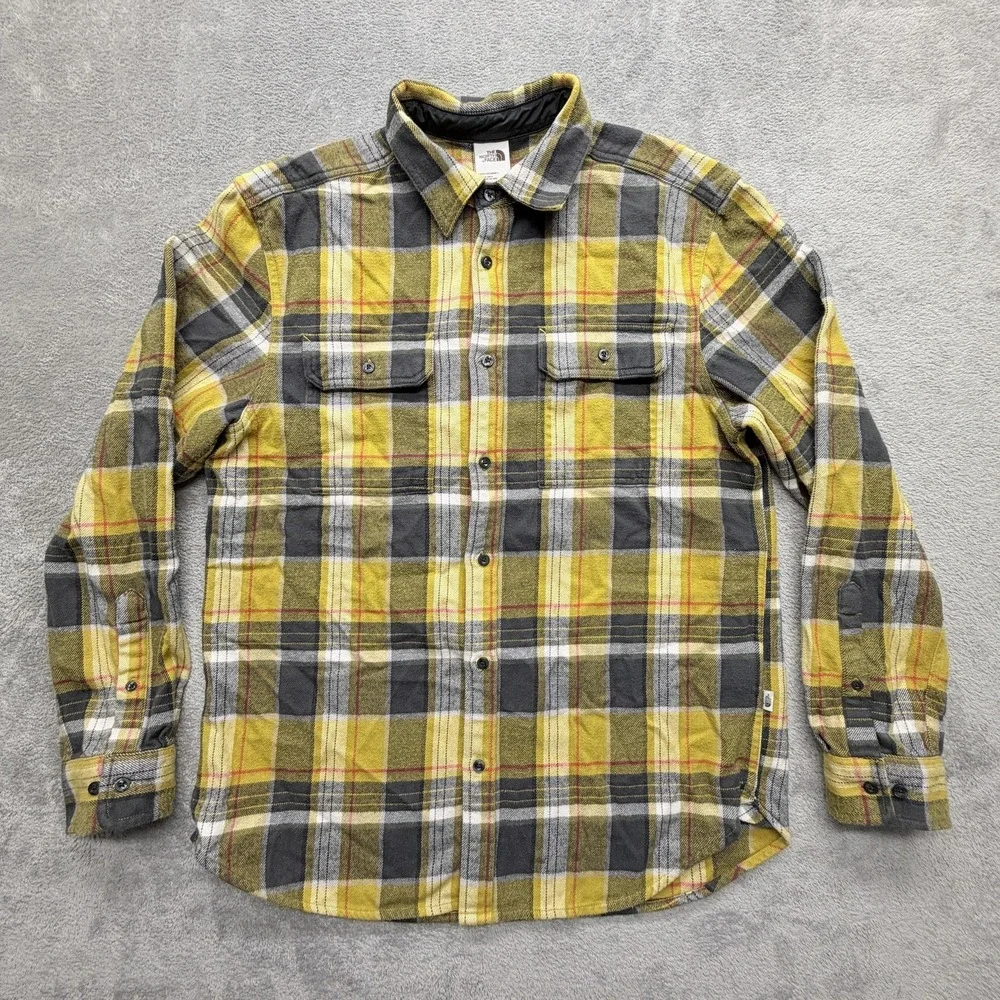 The North Face Shirt Mens L Yellow Plaid Long Sleeve Button Up Flannel Collared