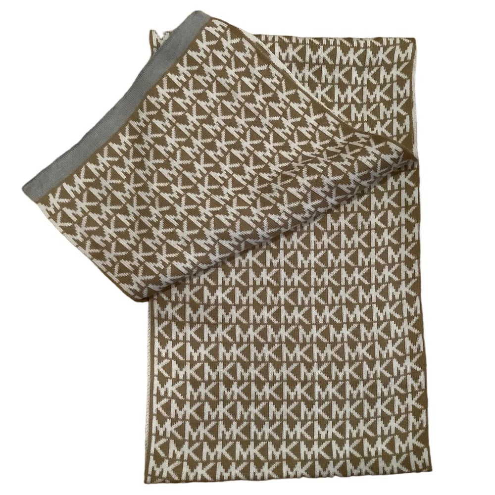 Michael Kors knitted scarf infinity MK logo brown 100% acrylic 9.5x67”