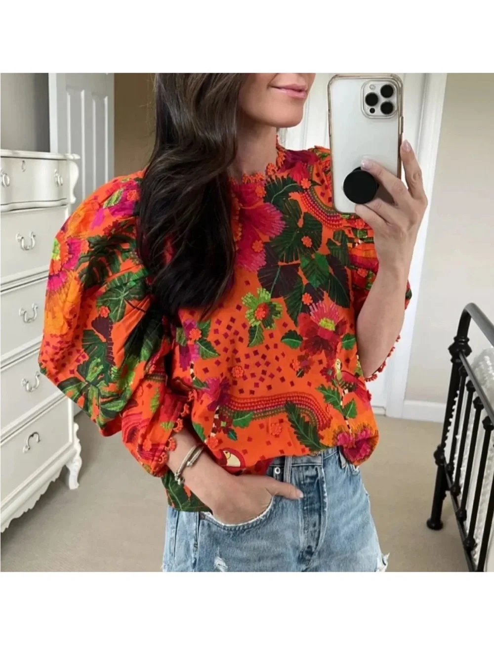 FARM RIO Cotton Blooming Garden Blouse Orange Floral Size Small