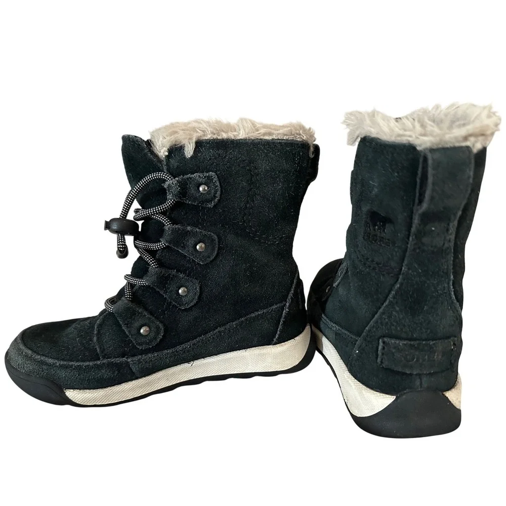 Sorel Youth Whitney II Joan Lace Up‎ Boots Sz 11  Black Suede Fur Lined