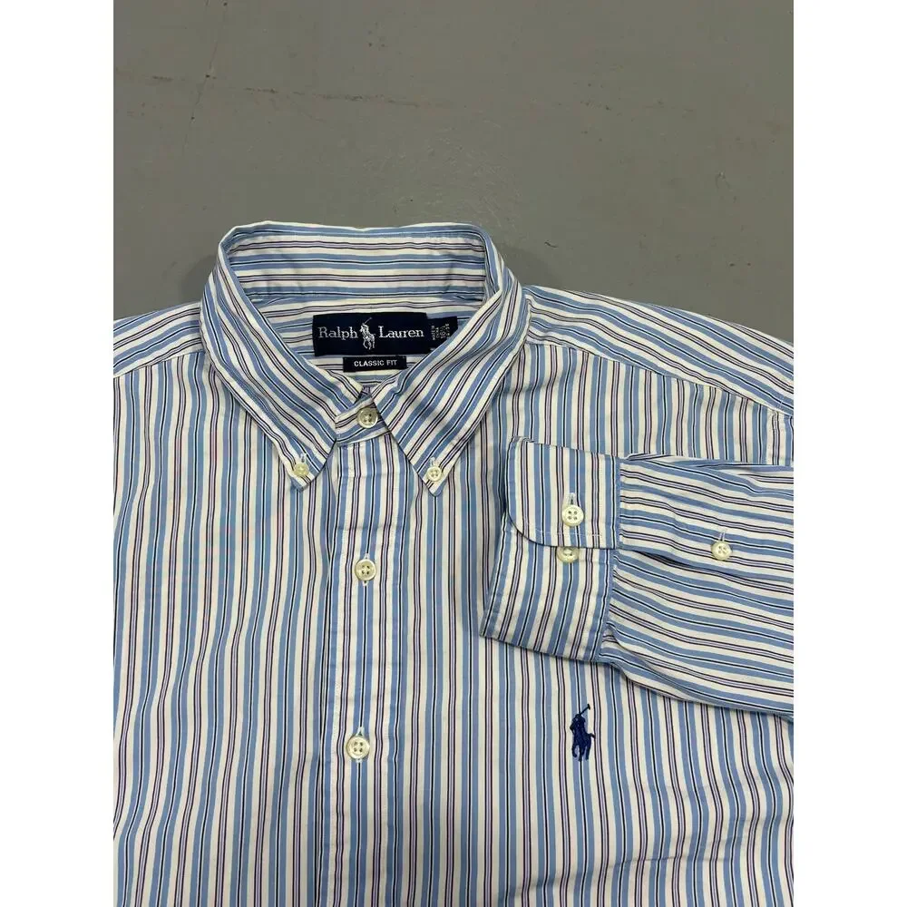 Polo Ralph Lauren Mens 16.5 34/35 XL Classic‎ Fit Striped Button Down Shirt Blue