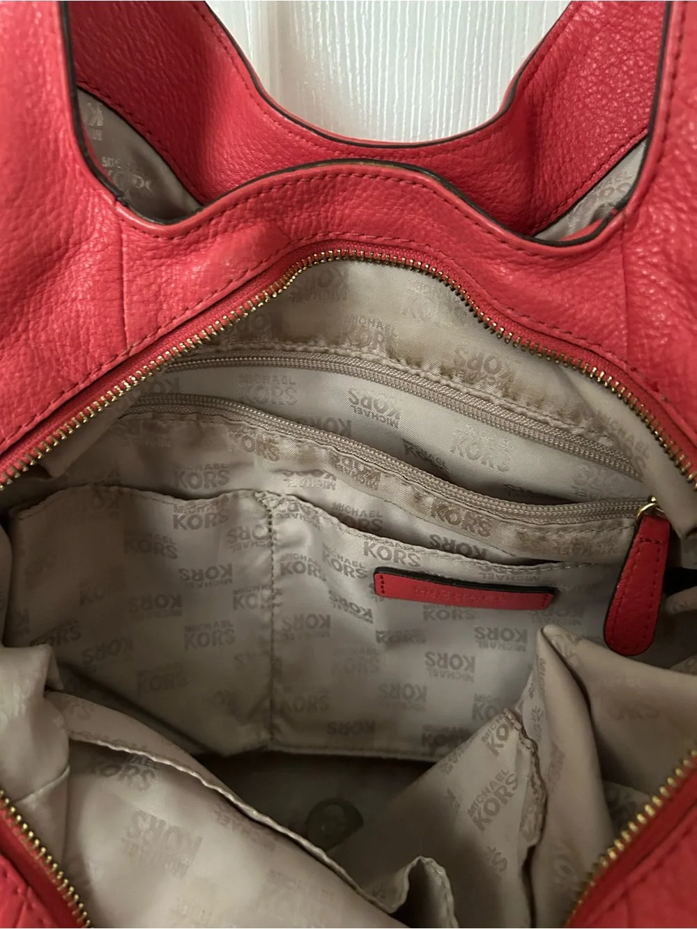 Michael Kors Coral-Red Pebbled Leather Chain Strap Hobo