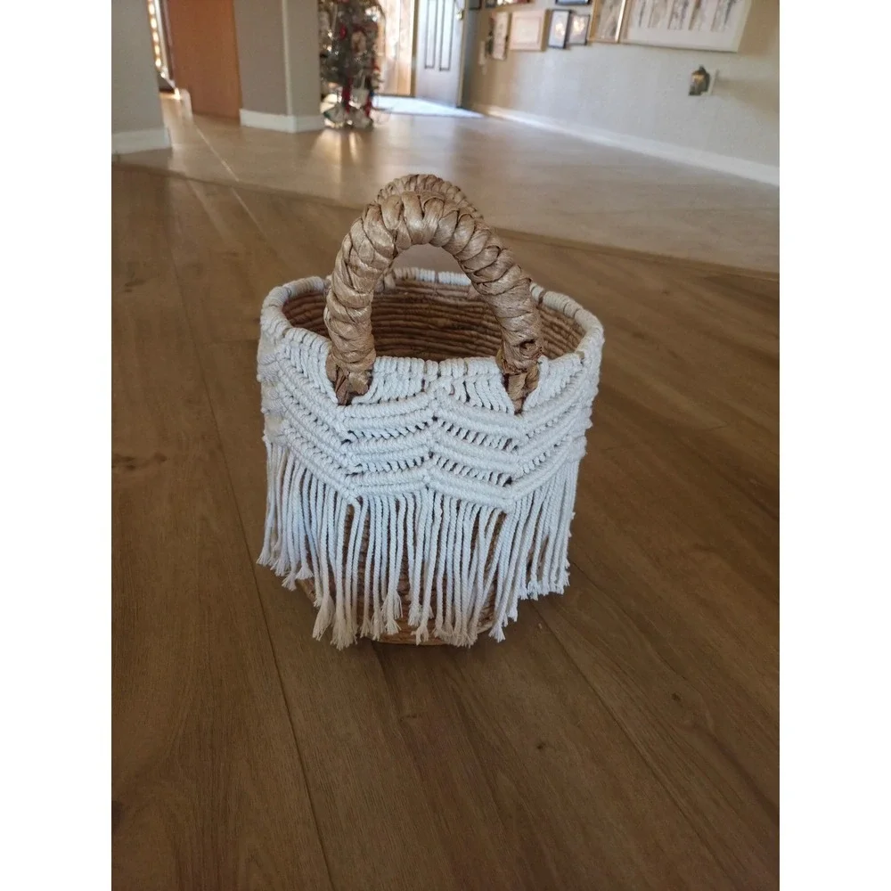 Woven Seagrass Banana Basket Macrame Fringe Boho‎ Handle Storage Decor Accent