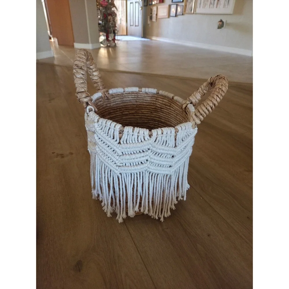Woven Seagrass Banana Basket Macrame Fringe Boho‎ Handle Storage Decor Accent