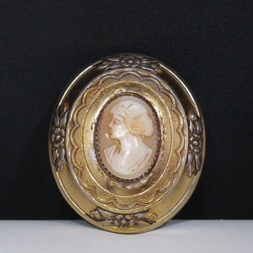 Coro Shell Carved Cameo Brooch, Gold Over Silver, 1950s Vintage Jewelry