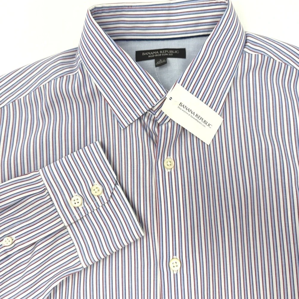 Banana Republic Mens Large Slim Fit Striped Dress Shirt Red Blue White NEW