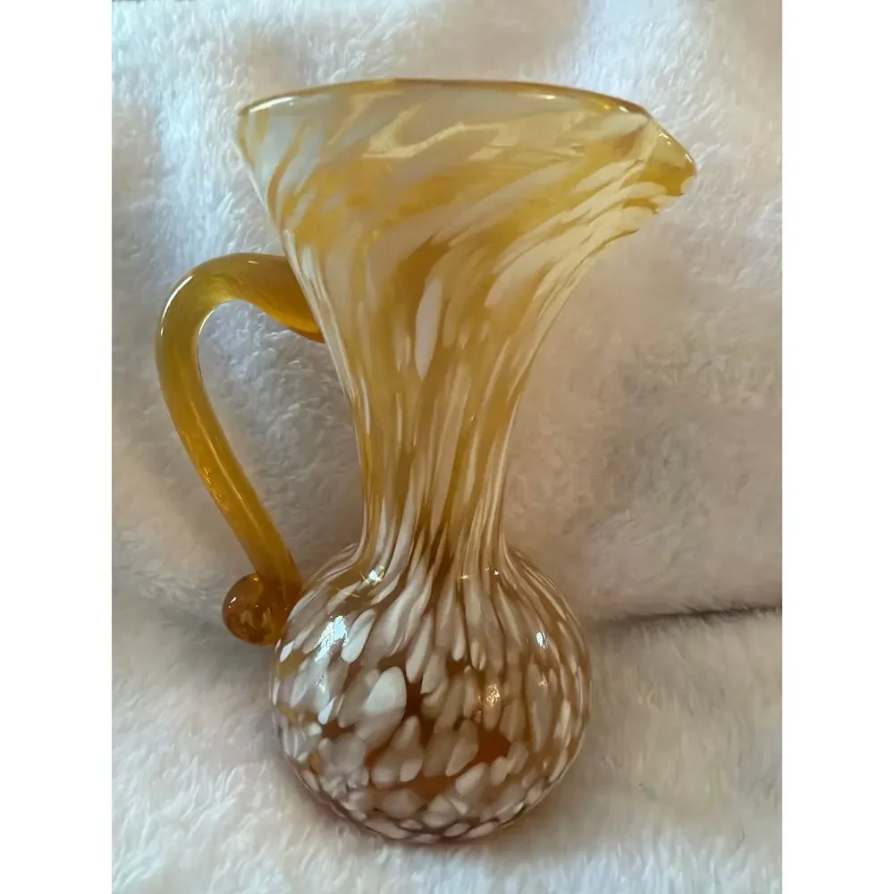 Vintage Amber White Spatter Cased Art Glass Pitcher Applied Handle Vase Jug 6