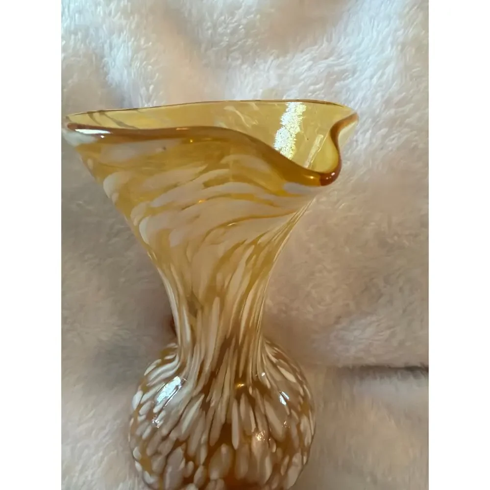 Vintage Amber White Spatter Cased Art Glass Pitcher Applied Handle Vase Jug 6