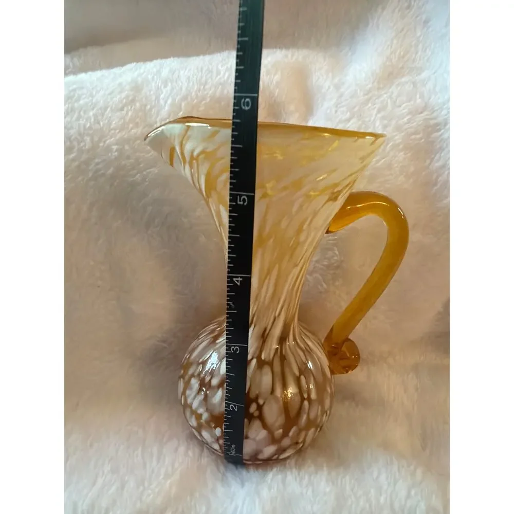 Vintage Amber White Spatter Cased Art Glass Pitcher Applied Handle Vase Jug 6