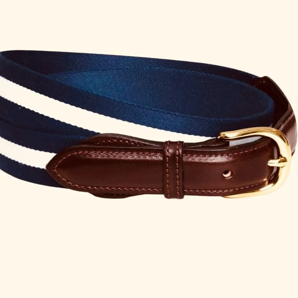 Men's Classic Stripe Navy Off-white Leather Ribbon Club Belt 42