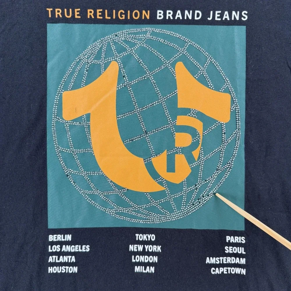 True Religion Shirt Mens XL Black Registered Global‎ Globe Graphic Tee T-Shirt
