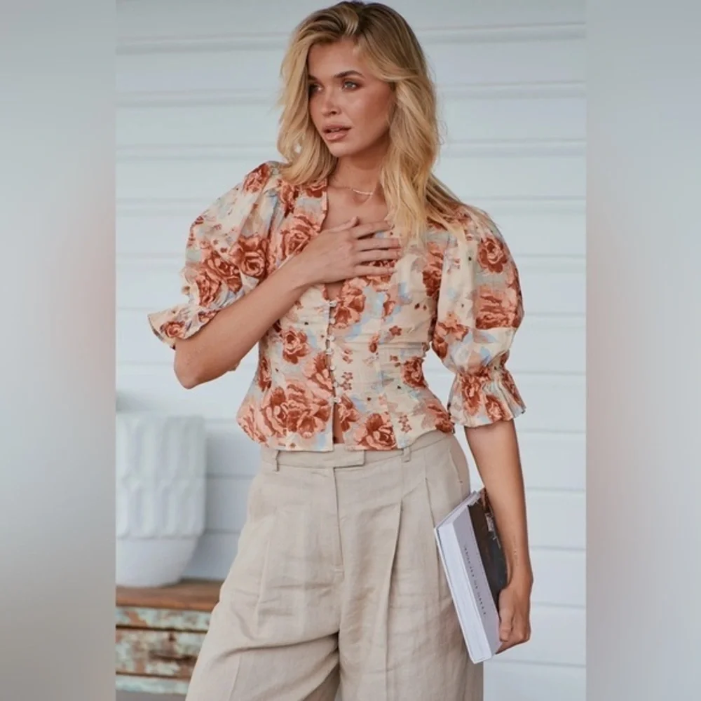 Free People Floral Puff Sleeve Blouse - Cream and Brown
