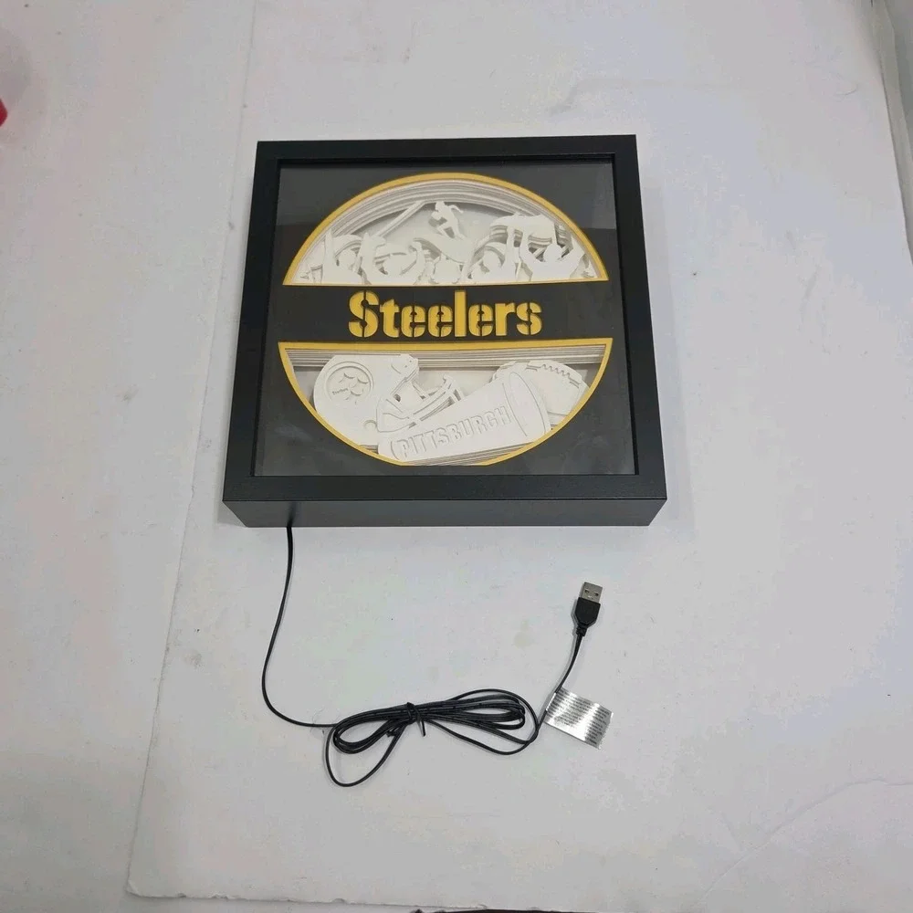 PITTSBURGH STEELERS LED SHADOW BOX LIGHT 3D PAPERCUT LIGHTED MAN CAVE 10X10 NFL