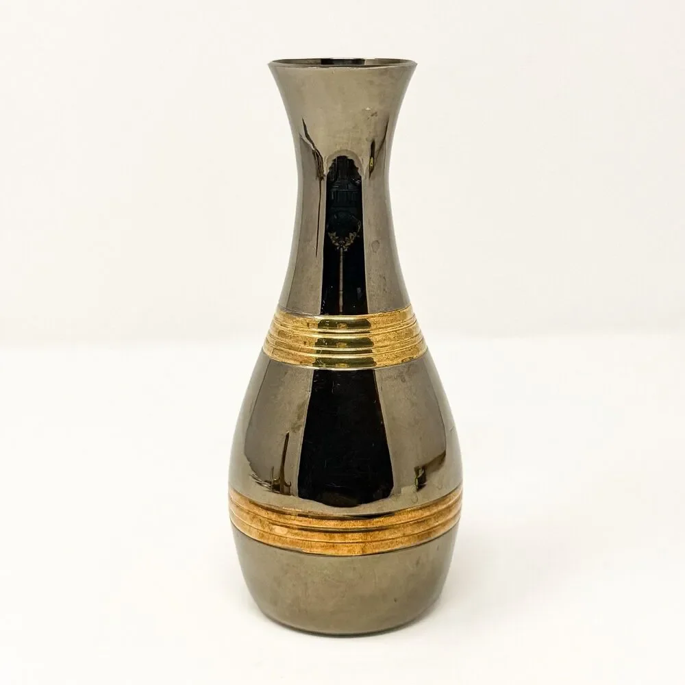 Vintage Silver Tone Metal Bud Vase Brass Bands Made In India Modern Decor 6.5”