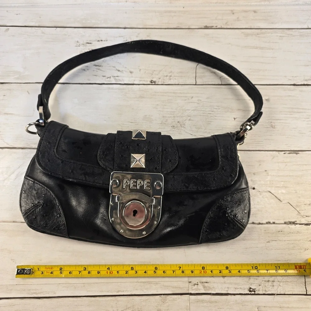 Pepe Jeans London Black Ostrich Embossed Studded Y2K Baguette Shoulder Bag
