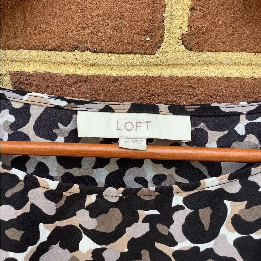 EUC LOFT Animal Print Blouse Puff Short Sleeve Brown Black M