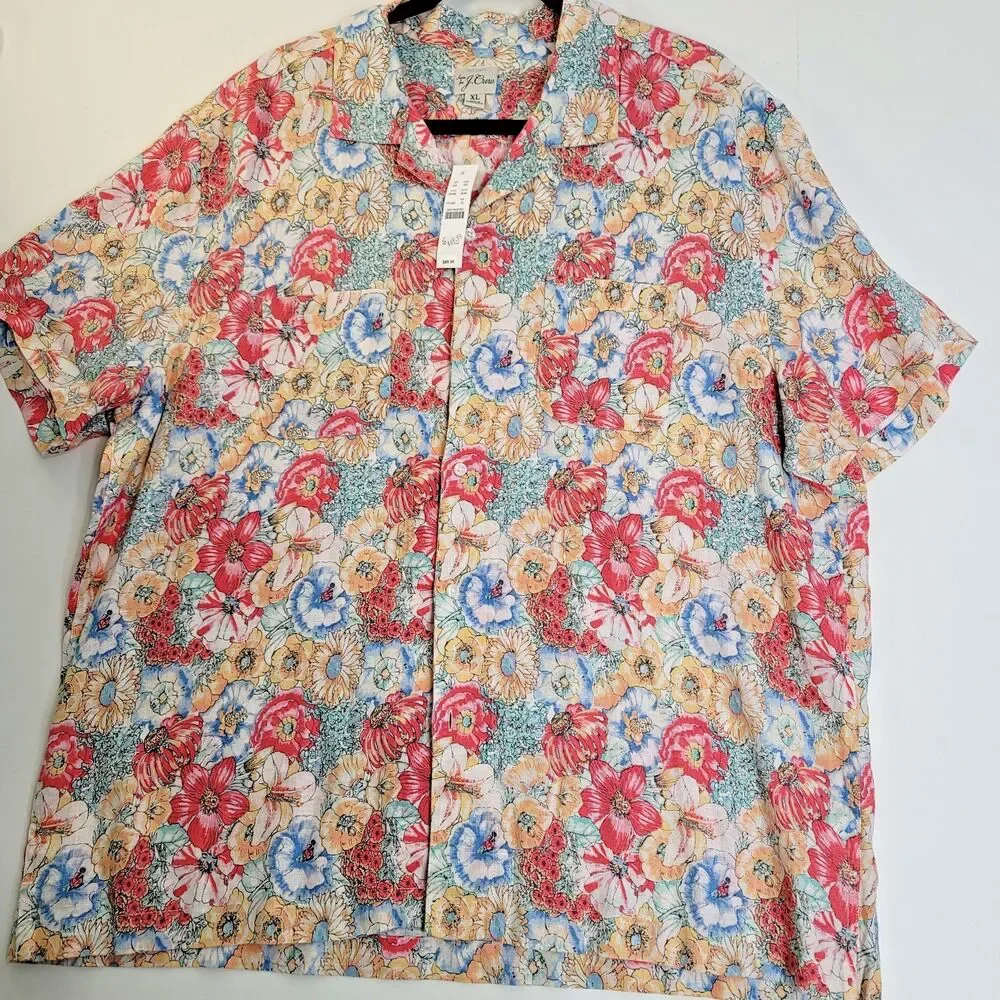 J.Crew Men's XL 100% Linen Floral Camp Shirt NWT Multicolor Button Front Summer