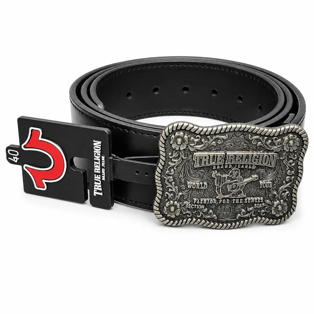 NWT True Religion Delano Plaque Buckle Black Bonded Leather Belt Size 40 Western