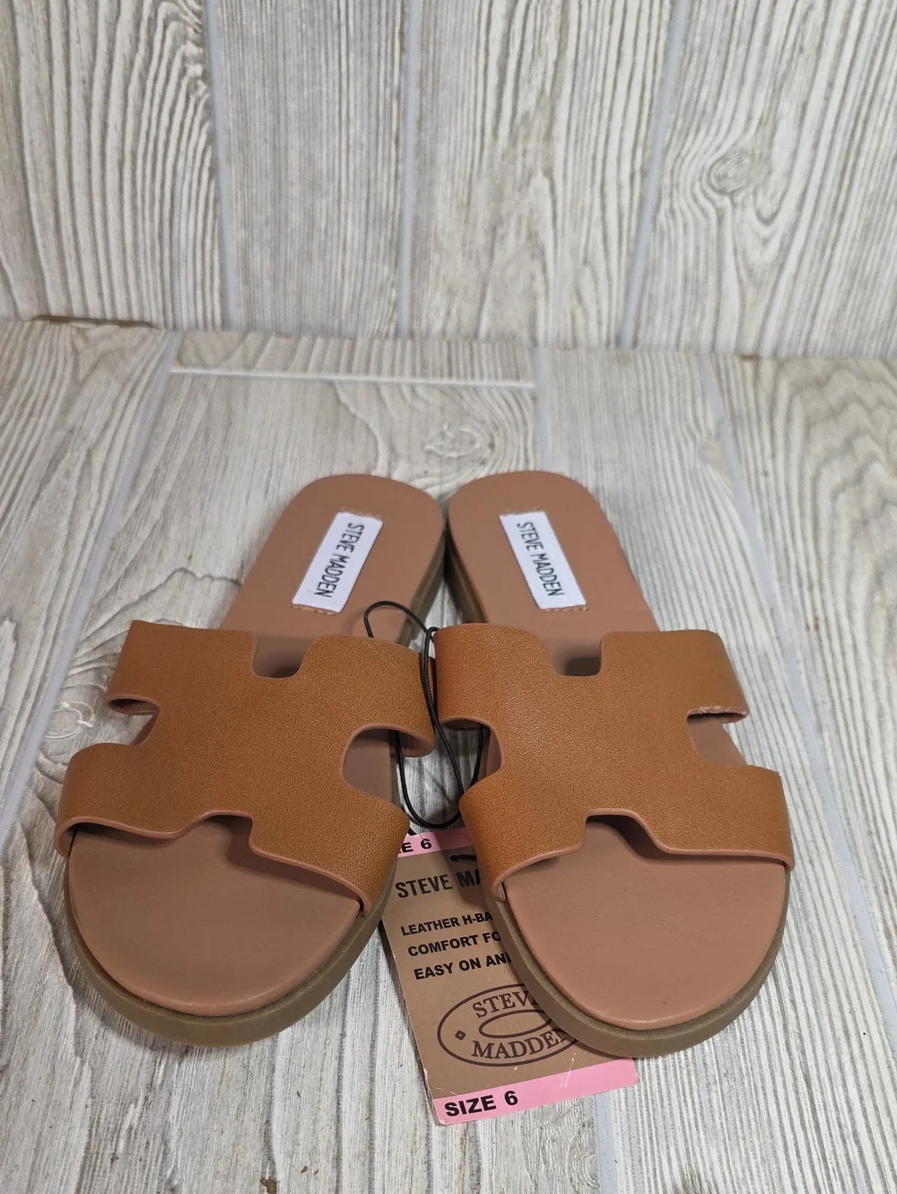 Steve Madden Roceen Leather Slide Sandals Tan Womens Size 6 NEW