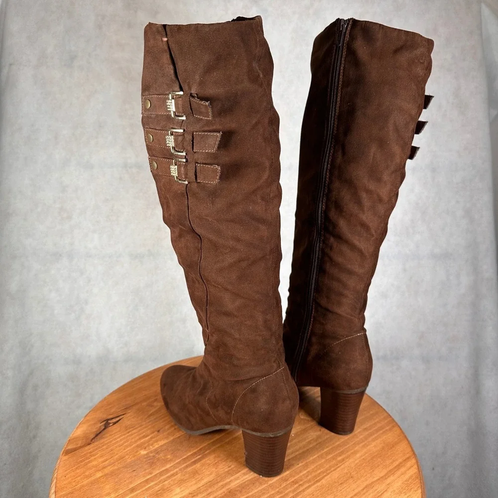 Kathy Van Zeeland Tall Boots Women 7 Brown Fair Buckle Block Heel Faux Suede