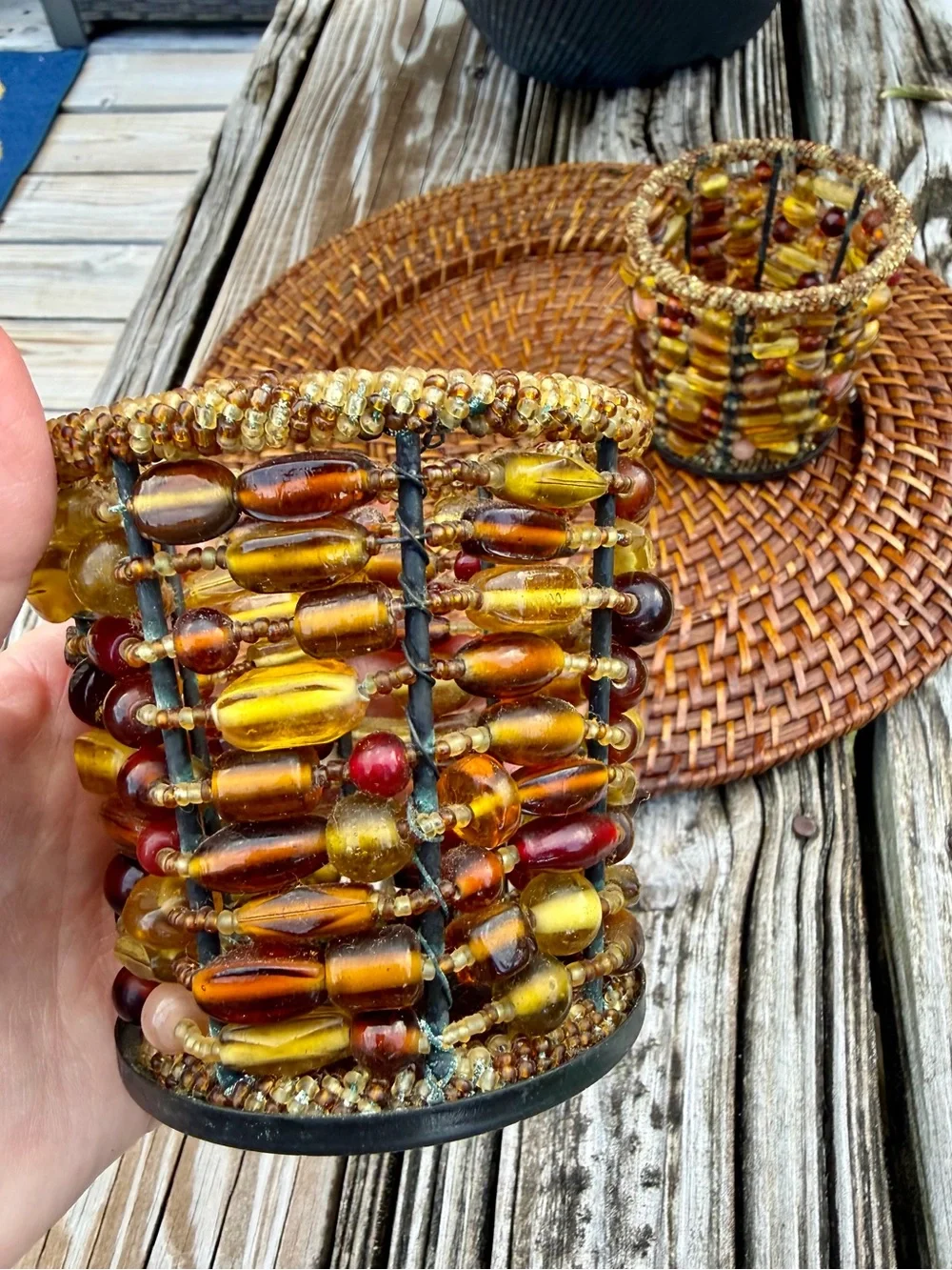 Pottery Barn Beaded Votive Candle Holders - Amber Multicolor