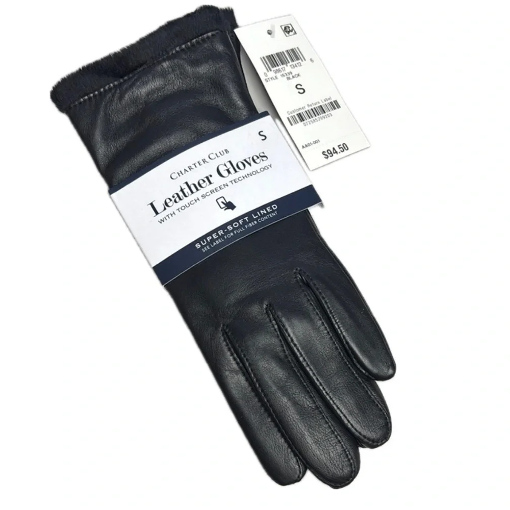 Charter Club Black Leather Faux Fur Lined Touchscreen Technology Gloves Winter