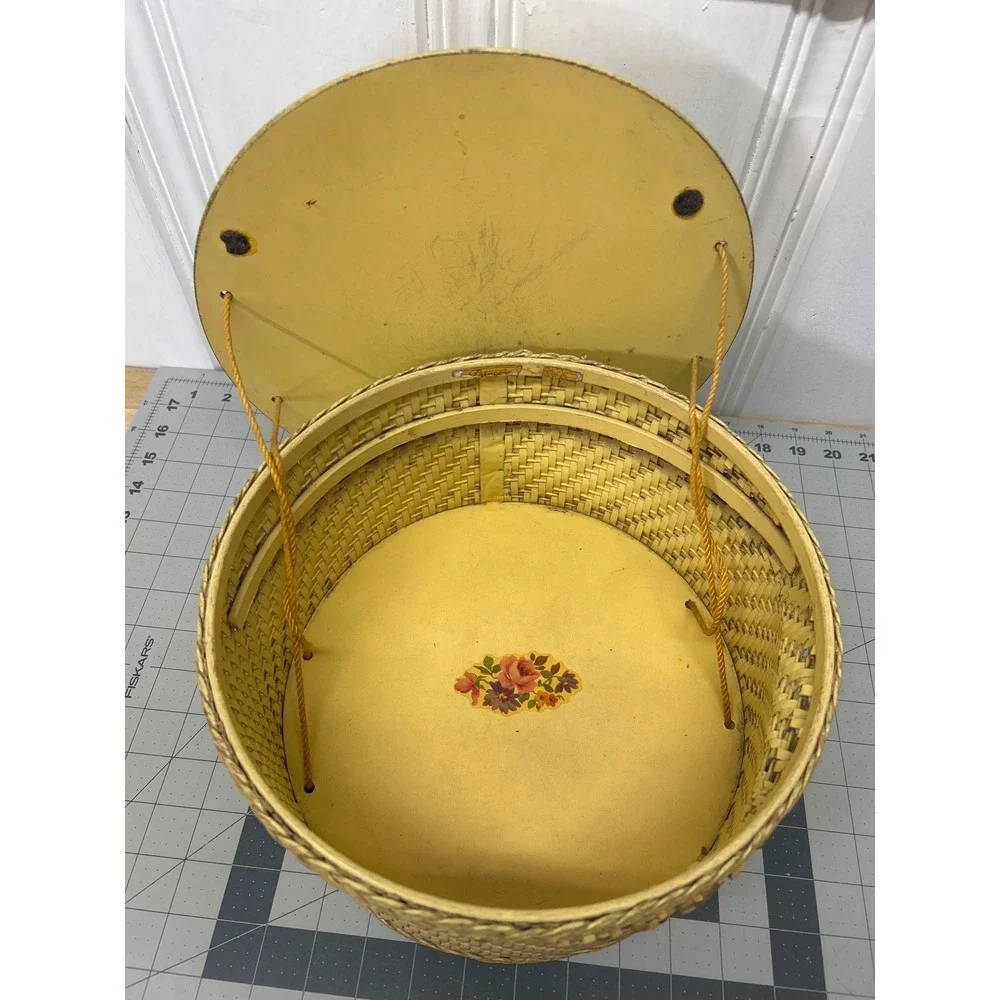 Vintage Princess Sewing Basket Yellow Wicker Round Lid Handle Floral 1940s