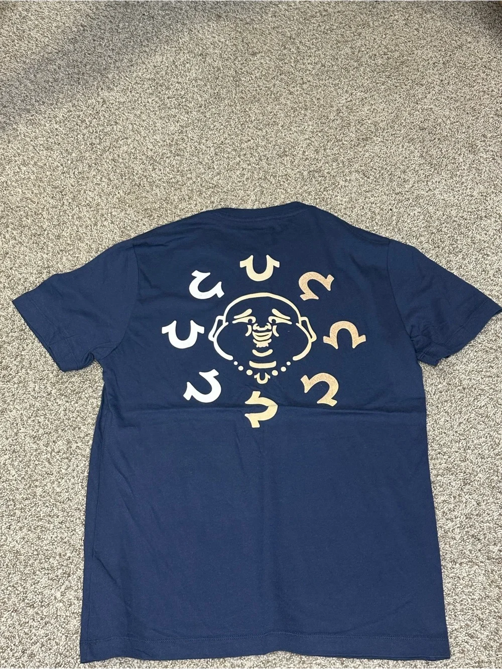 True Religion Men's Navy T-Shirt with Cream Horseshoe Logo