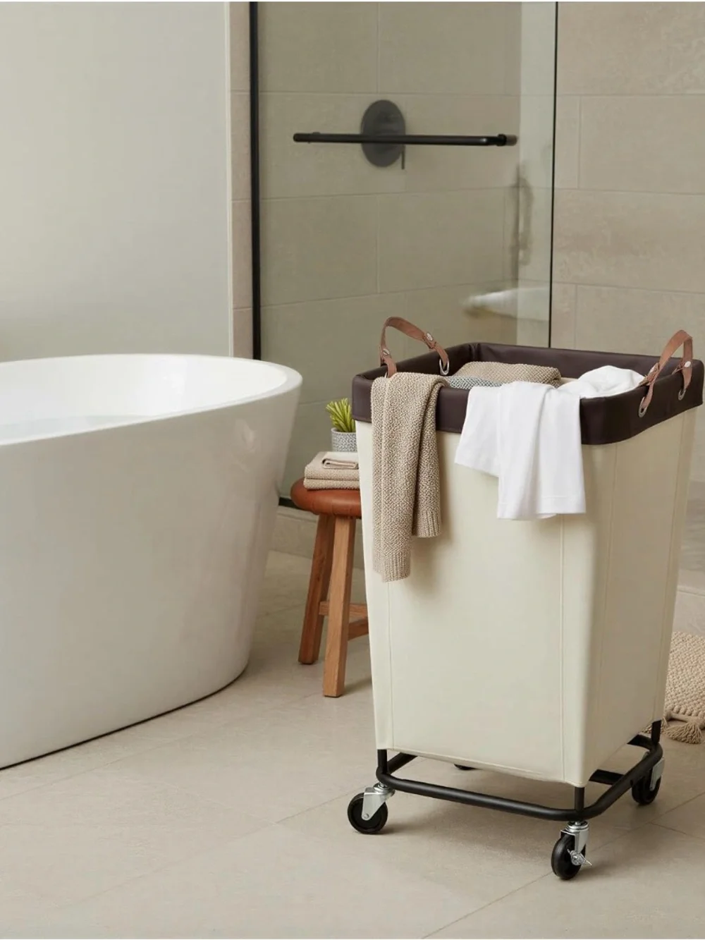 Cream Laundry Hamper with Brown Trim and Rolling Base
