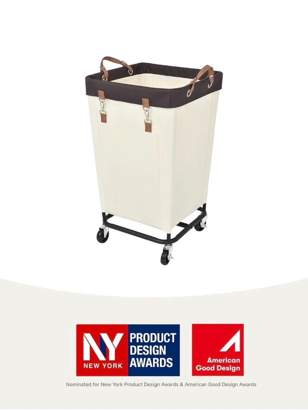 Cream Laundry Hamper with Brown Trim and Rolling Base