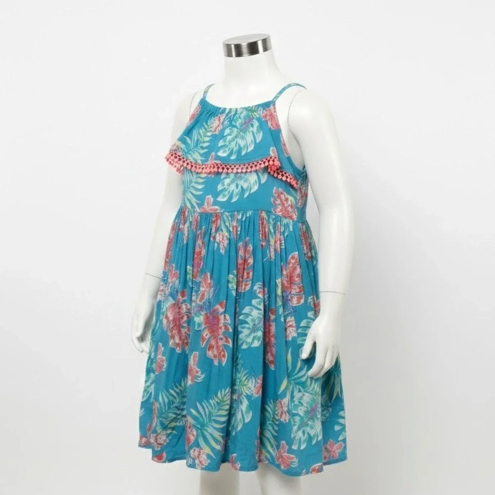 OshKosh B'gosh‎ Tropical Floral Sundress Girls 3T Blue Pink Ruffle Trim Vacation