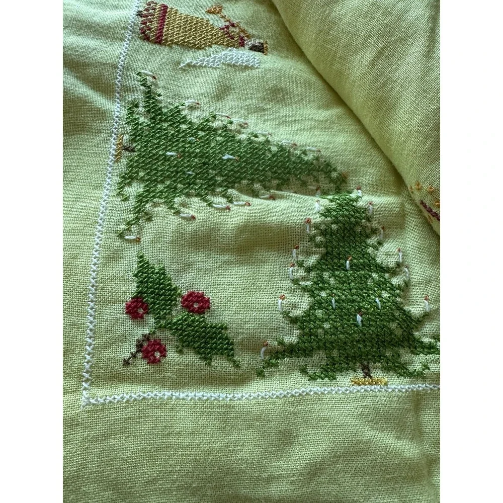 60's Vintage Hand Embroidered Cross Stitched  Christmas Table Cloth with Napkins