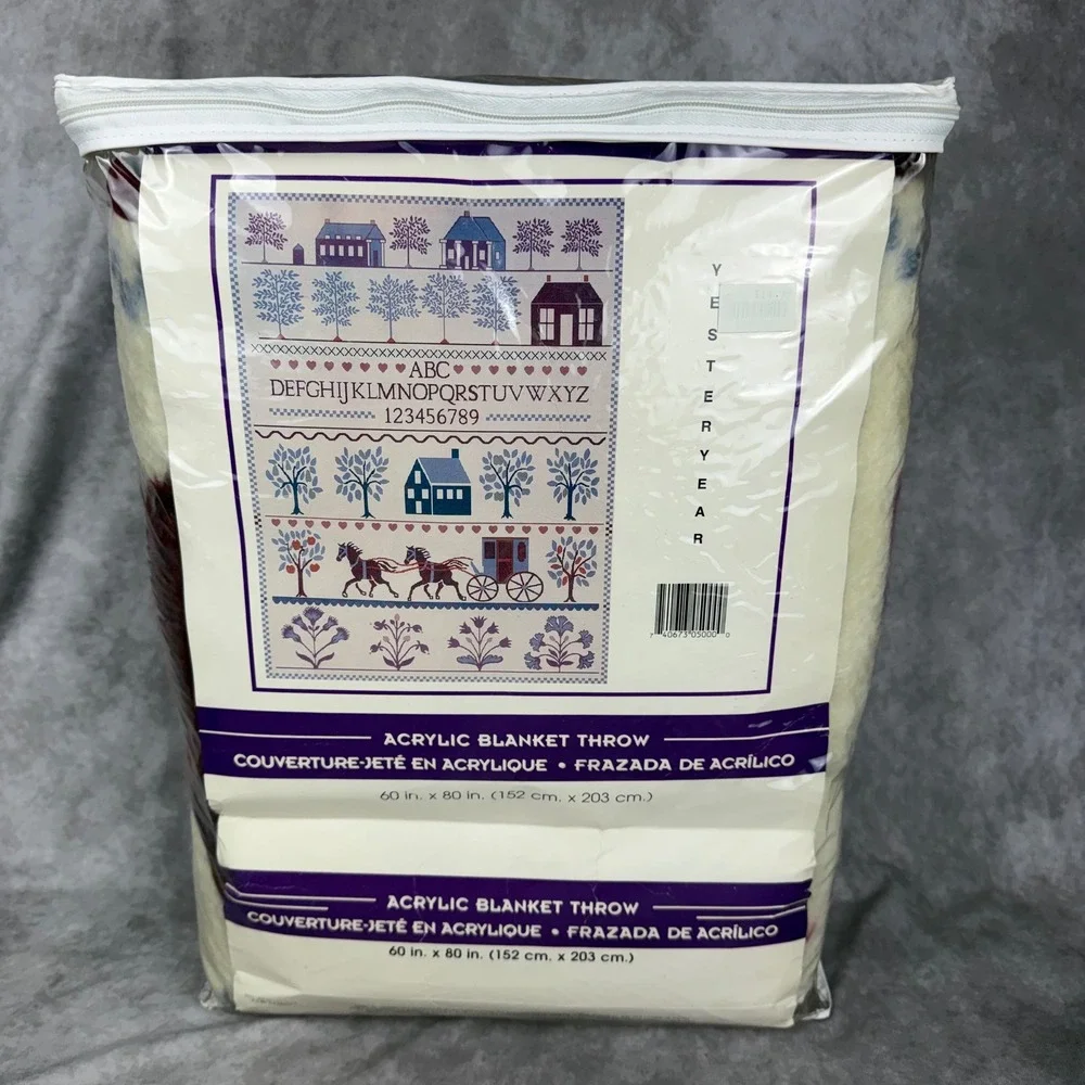 Vtg 90s Y2K Fuzzy Cottagecore Farmhouse Blanket Throw 60x80 Folk Art Country NEW