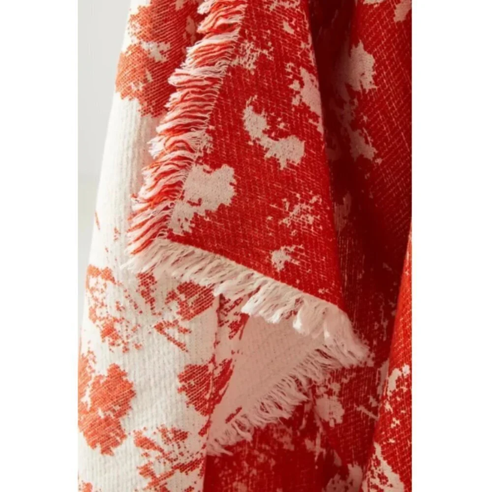 Anthropologie Large Floral Chenille Throw Blanket Orange Fringe Plush