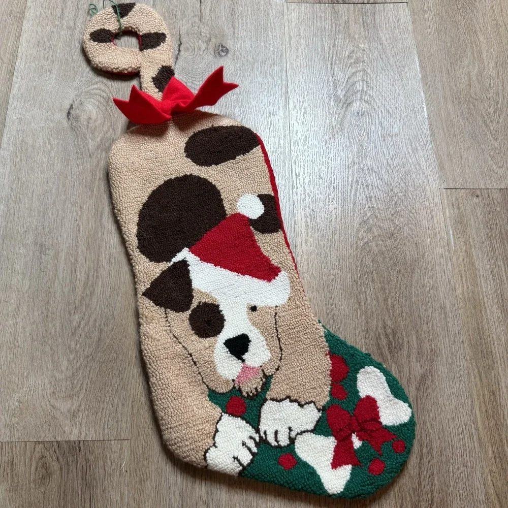 Dog Stocking Hooked Yarn Hanging Christmas Santa‎ Puppy Spot Christmas Pet Bow