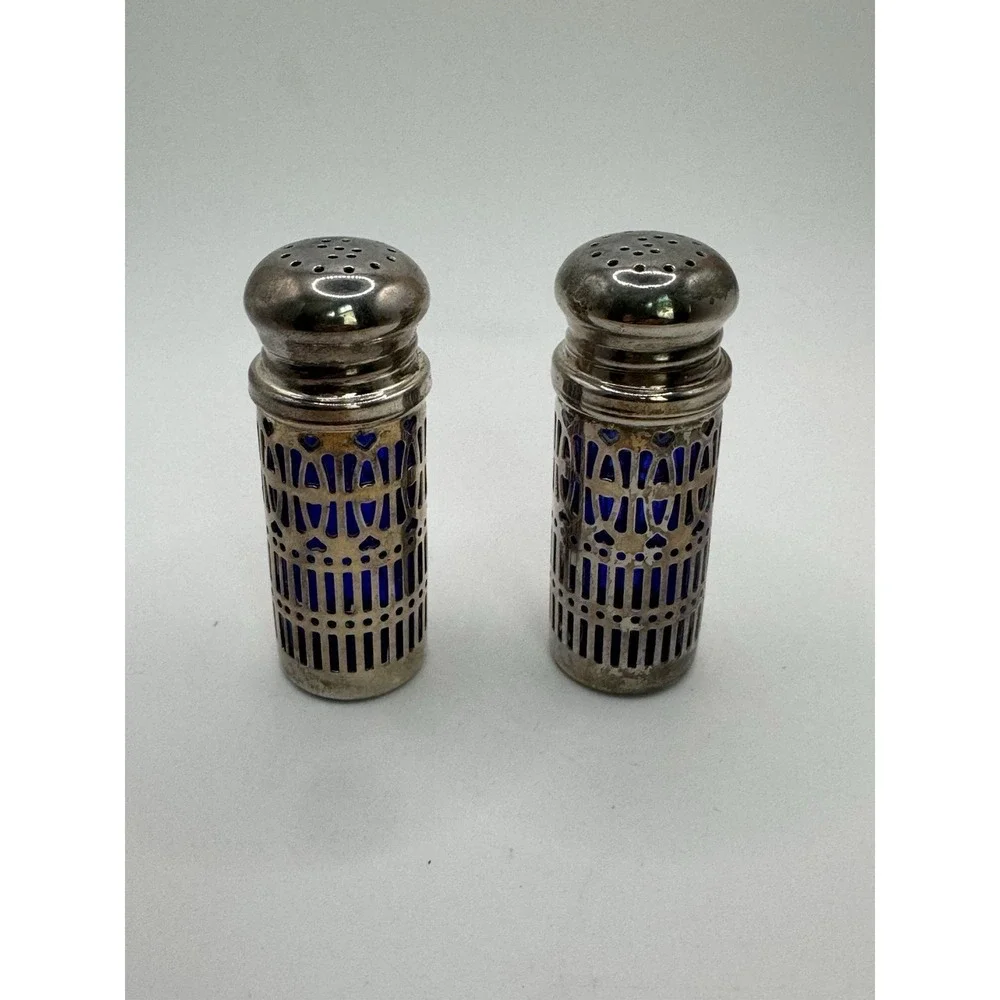Vtg Silver Cobalt Blue Salt & Pepper Shakers Silver Plate Filigree UK Patent GSA