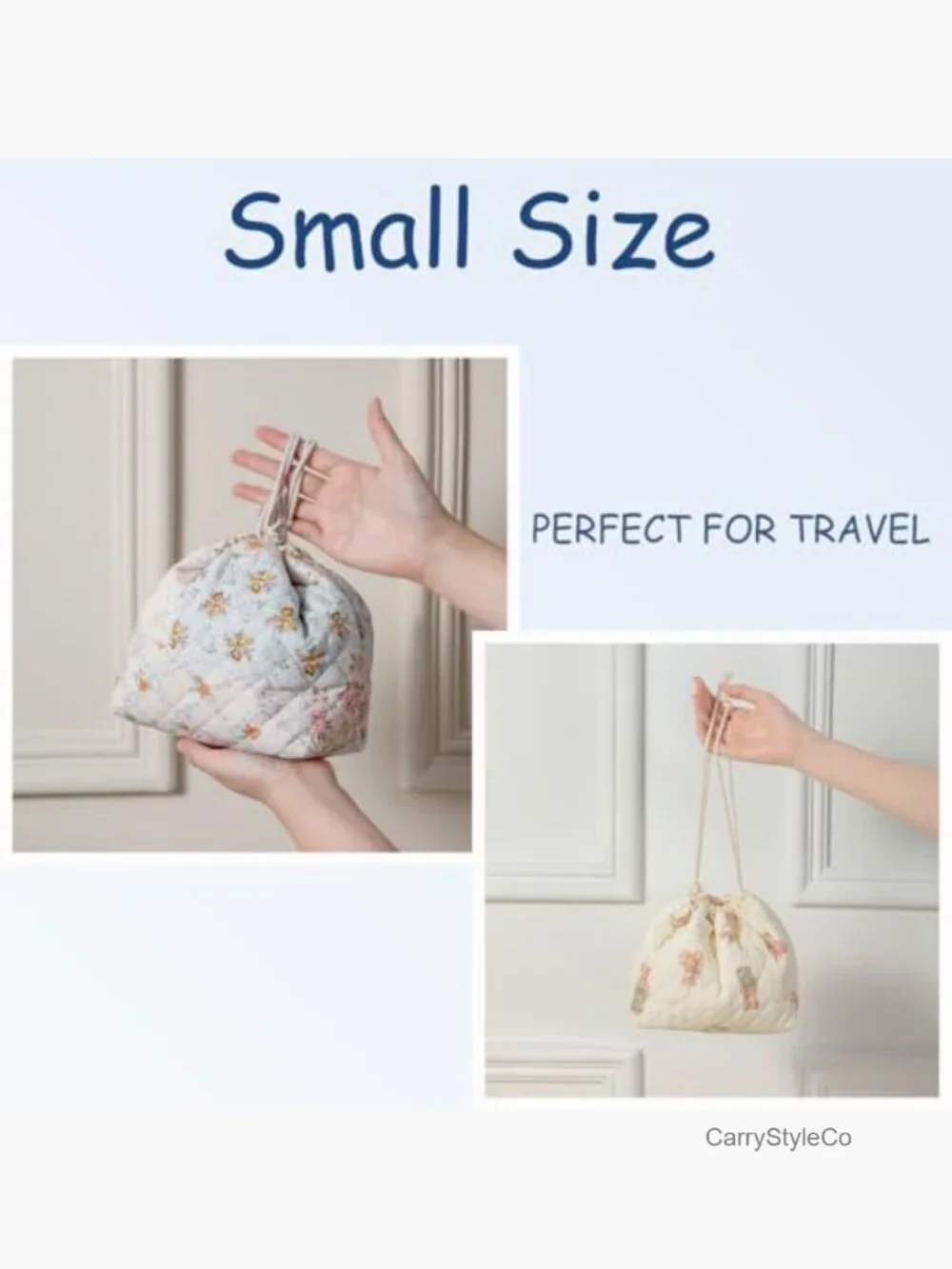 Quilted Drawstring Makeup Bag with Canvas Lining Cotton Travel Toiletry