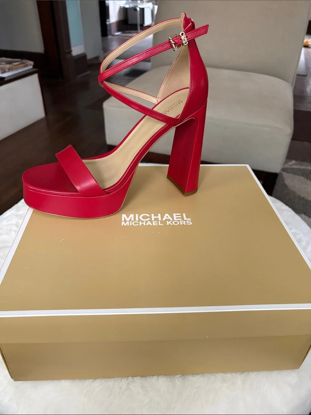 Michael Kors Red Platform Block Heel Sandals with Ankle Strap