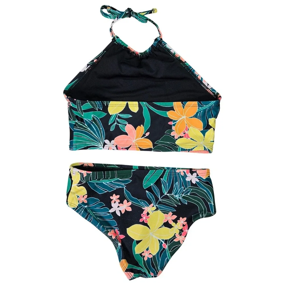 Old Navy‎ Girls Size 6-7 Small Black Floral Tropical Crop Halter Bikini Set