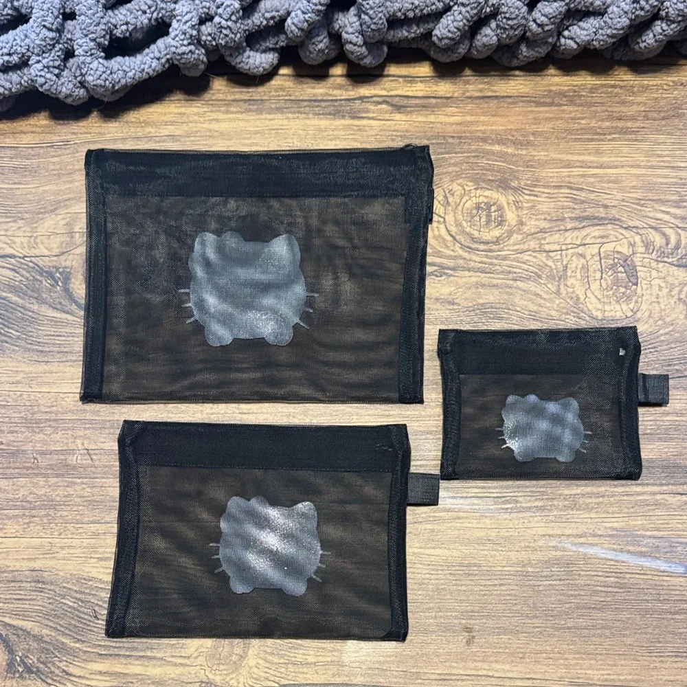 3 Hello Kitty Black Mesh Accessory Pouches