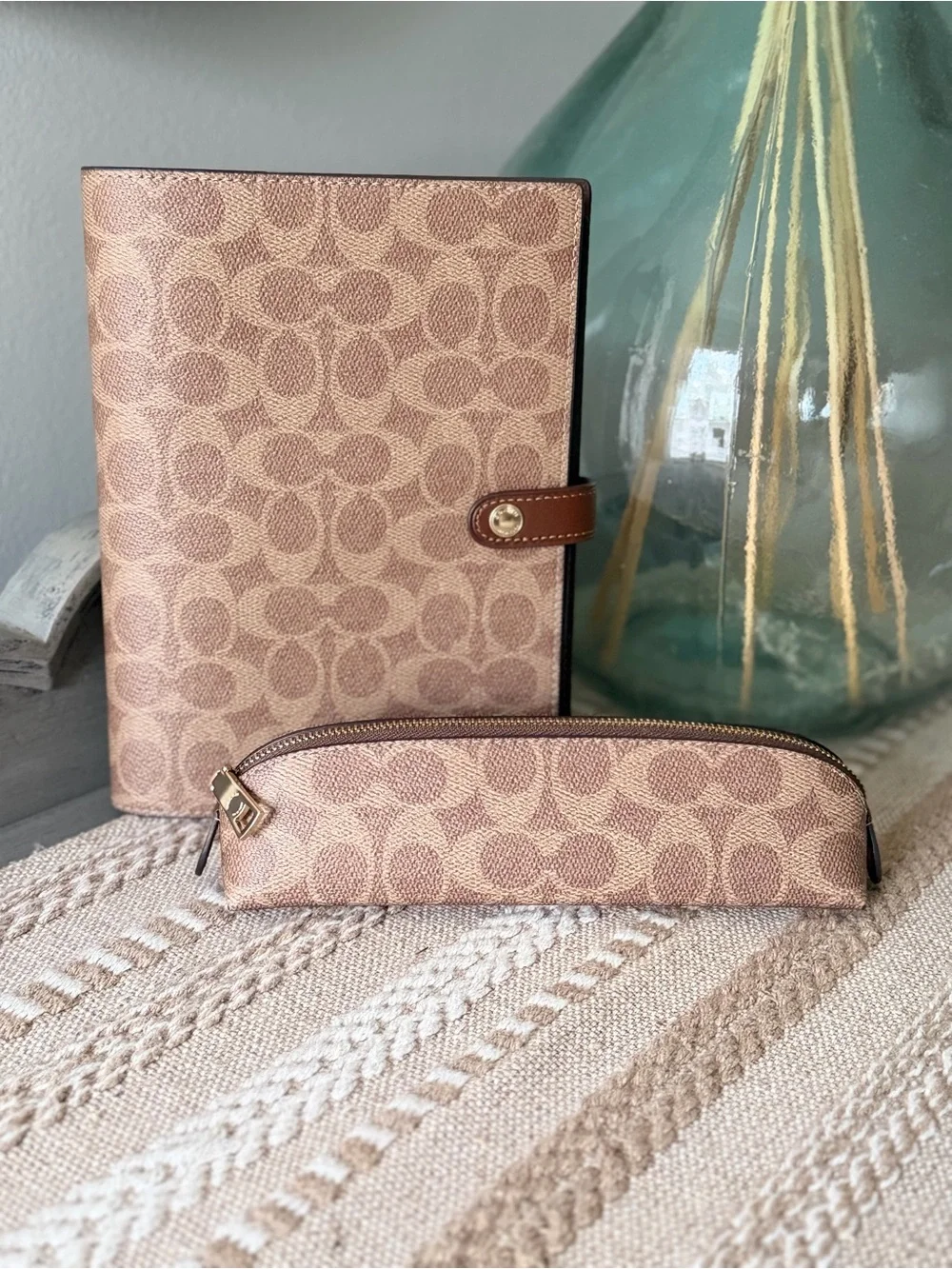 Coach Signature Canvas Notebook Cover & Pencil Case in Tan/brown  New