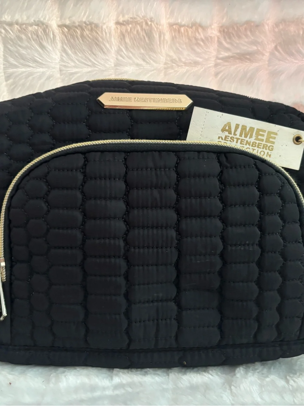 Aimee Kestenberg Black Quilted Cosmetic Case with Gold Trim
