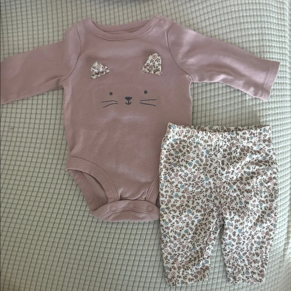 Carter's Mauve Cat Bodysuit and Floral Pants Set