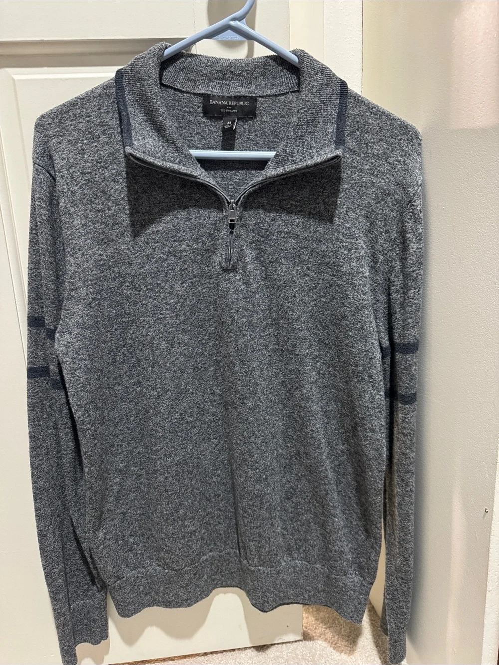 Banana Republic Men's Heather Gray Quarter-Zip Sweater with Dark Sleeve Stripes