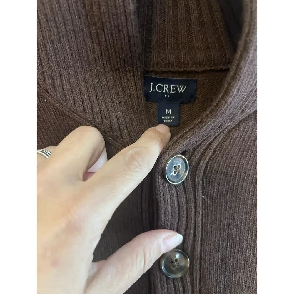 J.Crew Men's Shawl Collar Lambswool Pullover Sweater Brown Button Size Medium